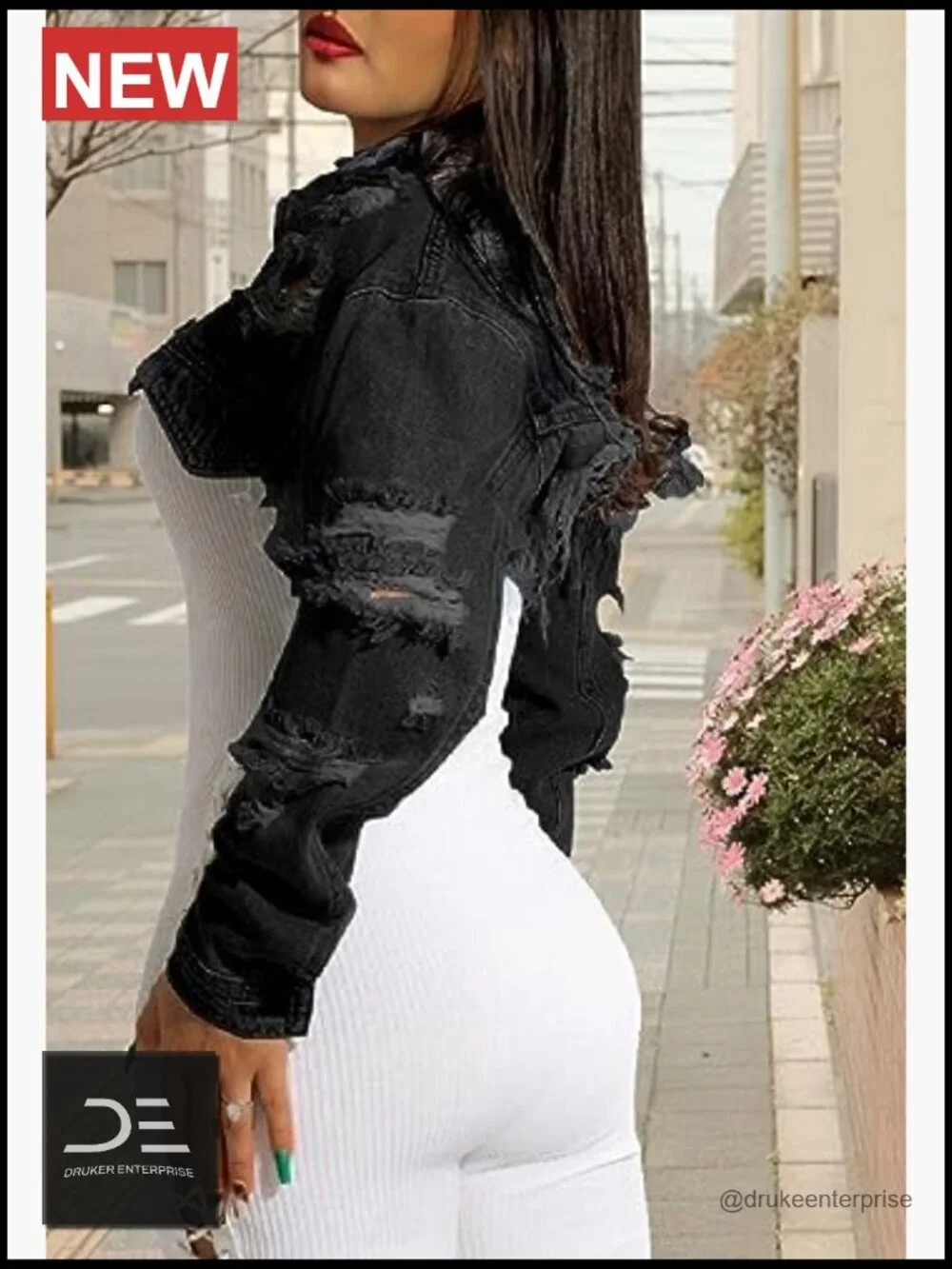 Cropped Denim Jacket Long Sleeve Ripped Destroyed Jean Jacket